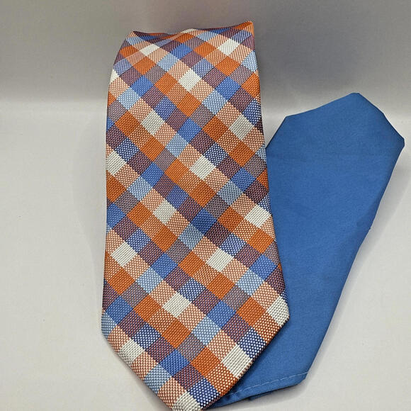 Blue Orange Checker Tie and Pocket Square Izod EUC - Picture 1 of 4